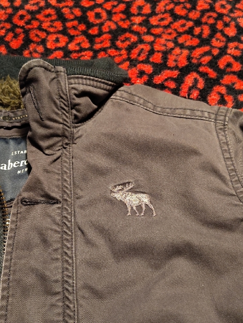 Abercrombie & Fitch Charcoal Gray Bomber Jacket with Shearling Trim - Picture 3 of 8